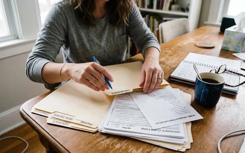 A checklist on a clipboard next to a stack of organized folders labeled with financial, medical, and legal documents.