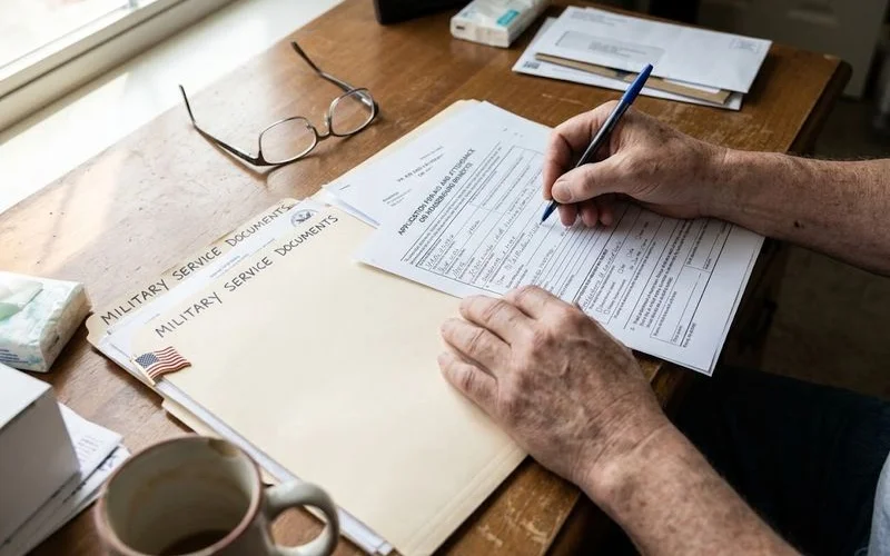 A folder labeled with military discharge papers and financial documents laid out on a table, prepared for a VA benefits application.