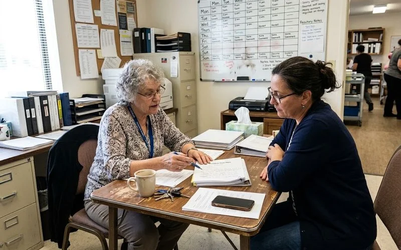 A family member and a facility administrator sitting across a desk reviewing a printed staffing schedule and care plan together.