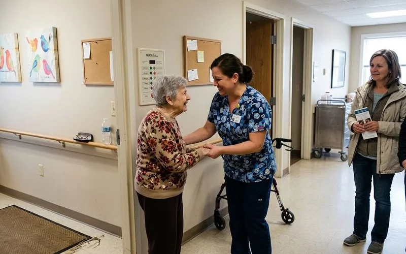 A staff member kneeling beside a seated resident, making eye contact and speaking warmly during a memory care community walkthrough.